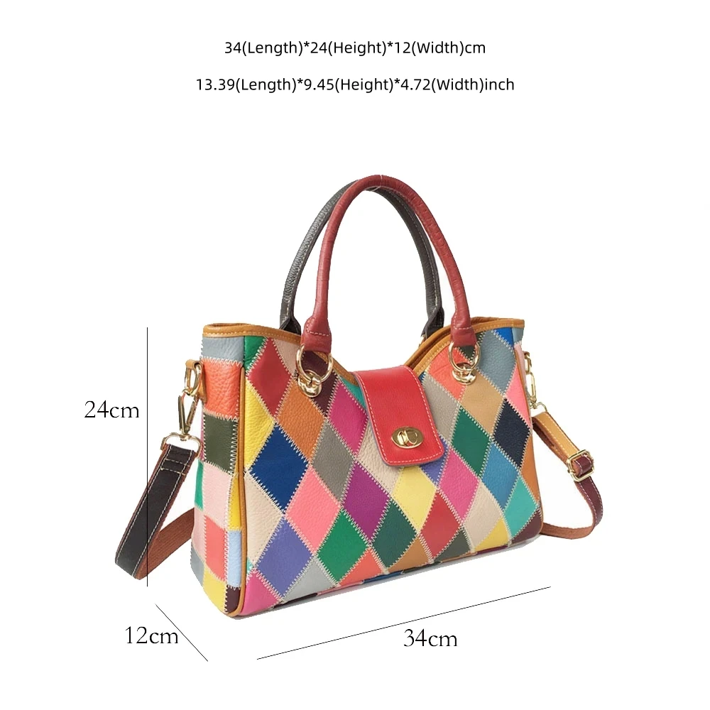 Multi-color First Layer Cow Leather Handbag Lady Vintage Genuine Leather Diamonds Patchwork Daily Work Crossbody Bag for Women