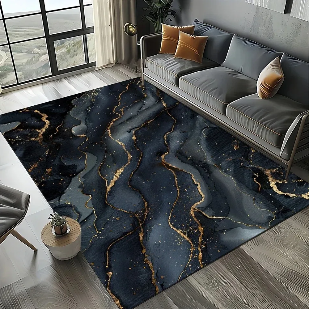 Modern Art Fashion Marble Black White Gold Stone Carpet Rug for Living Room Bedroom Home Sofa Decoration,Non-slip Floor Mat