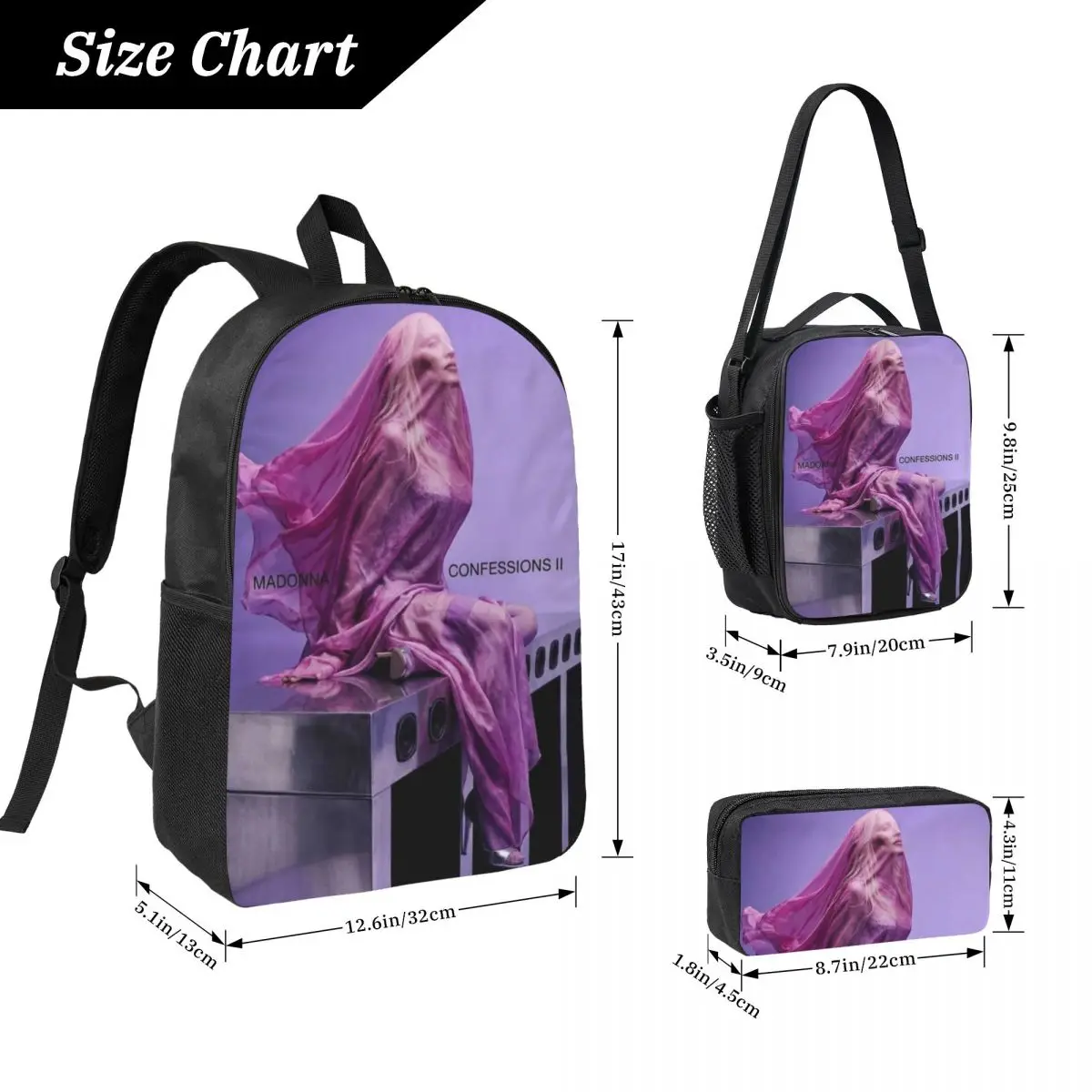 3Pcs Madonnas Confessions II 2026 School bags Set for Boy Girl Pen Bags Backpack Sets with Lunch Box For School Students Daypack