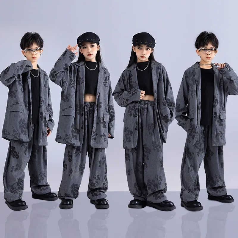 Kids Hip Hop Dance Outfit Boys Jazz Dance Costume Catwalk Stage Girls Sports Grey Show Outfit