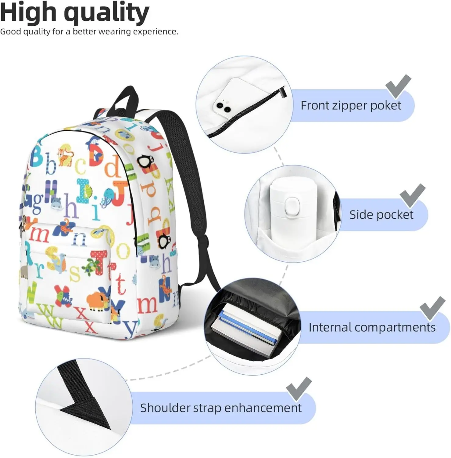 Mochila de lona con estampado de alfabeto animal colorido, moderna e informal, apta para uso diario y actividades al aire libre