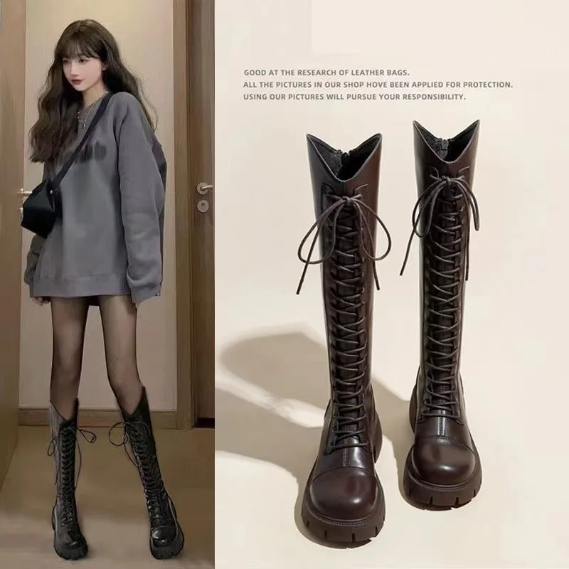 

Hot Selling Winter Platform Cross Lace Up Woman Knight Boot Fashion Thick Heel Shos Street Style Female Short Plush Long Booties