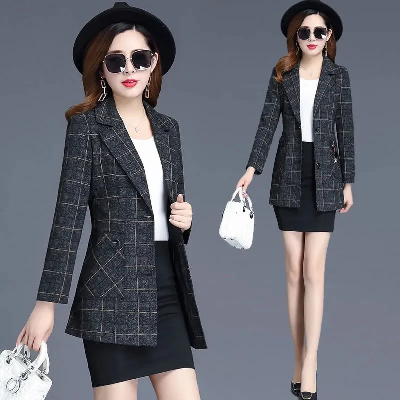 Spring Autumn Jacket Women\'s Blazers New Fashion Plaid Long Sleeve Single Breasted Suit Female Blazers Outerwear Casual Tops 4XL