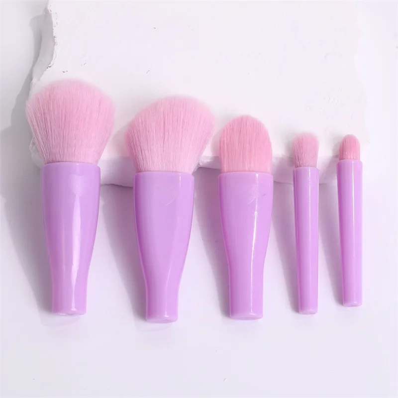 5pcs Mini Makeup Brush Set with Storage Bucket Women Travel Nylon Bristles Makeup Brushes for Powder Blush Lipstick & Concealer