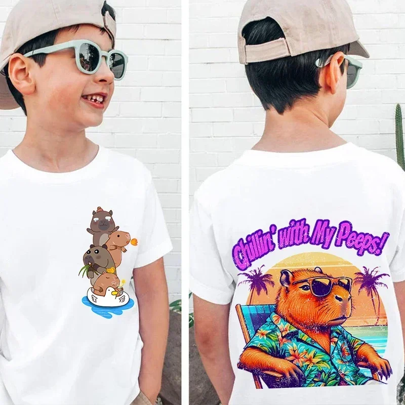 الصيف لطيف كابيبارا طباعة ملابس الأطفال الاطفال القطن تي شيرت أبيض قصير الأكمام الكرتون رداء علوي غير رسمي للبنين طفل المحملة