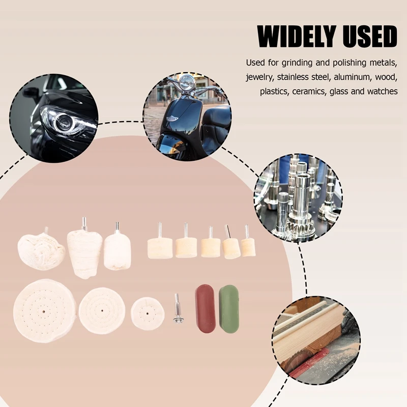 14 szt. Akcesoria do polerowania, wkrętak akumulatorowy, wiertło, zestaw tarcz polerskich, stożek do polerowania kół, podkładka polerska