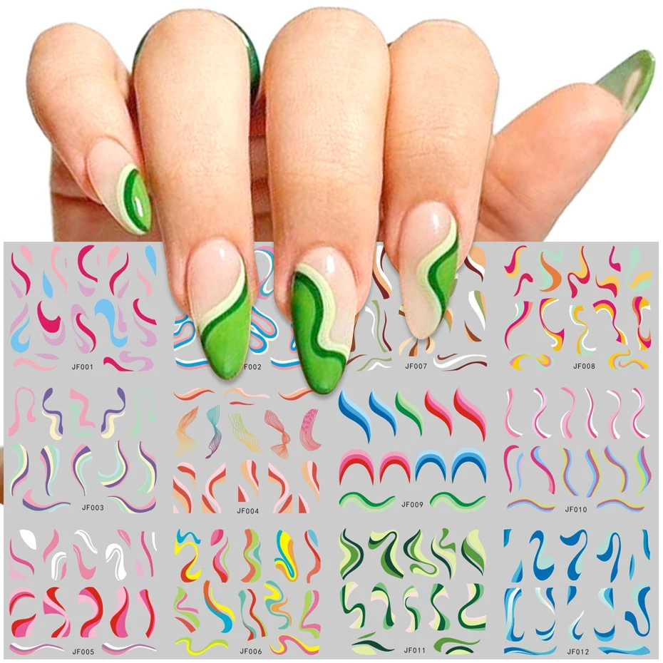 12/4pc Swirls Design Nail Art Stickers Aesthetic 2022 Summer Trendy Swirly Wave Strips Water Decals Neon Lines Nails Parts JF001