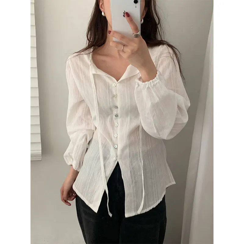 

Loose Fit Long Sleeve V-Neck Belted Single Button Commute Shirt Women's Simple Style Spring Autumn New Arrival White Shirt