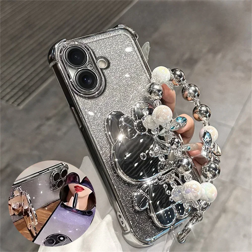 Glitter Mirror Rabbit Phone Holder Case For Samsung S25 S24 S23 S22 Plus S20FE Note 20 UltraAnti-knock Stand Back Cover