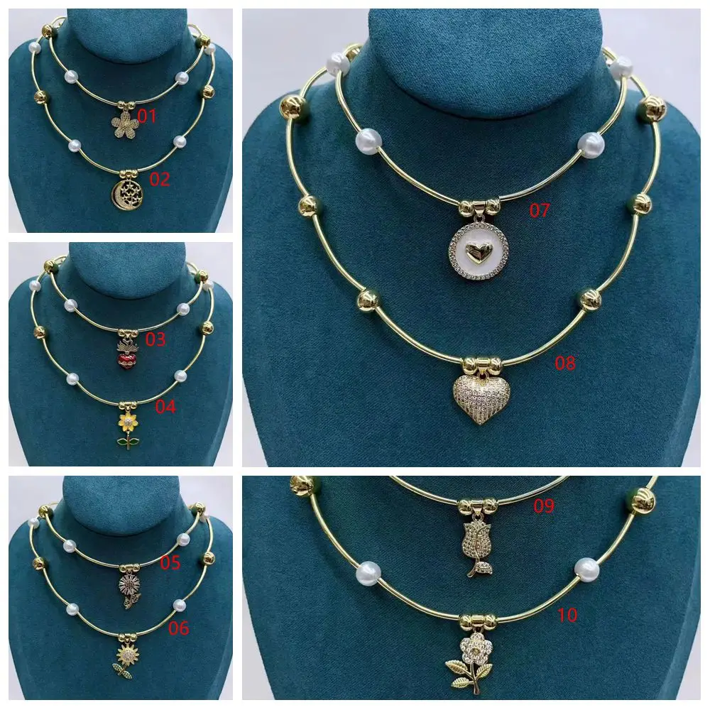 5PCS, Stylish Temperament Zircon Heart Flower Pendant Chain Necklace for Women Shell Pearl Choker 18 K Jewelry Party Gift