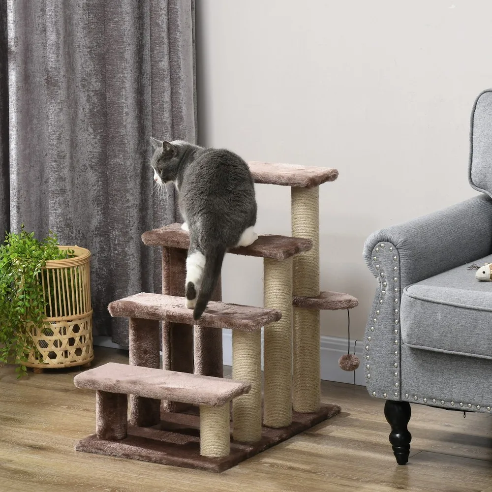 

4-Level Cat Stairs, Carpeted Ladder for Sofa, w/ Scratching Posts & Ball Toy