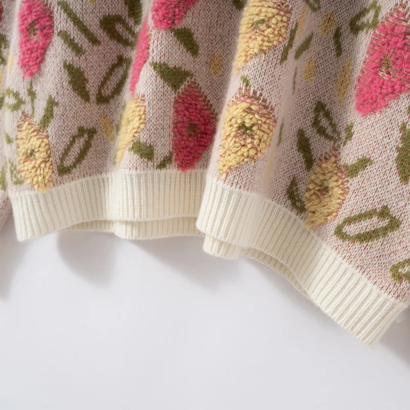 Korean Style Autumn Winter Women's 100% Cashmere Sweater Round Neck Pullover with Stereo Flower Pattern Casual Daily Knitwear