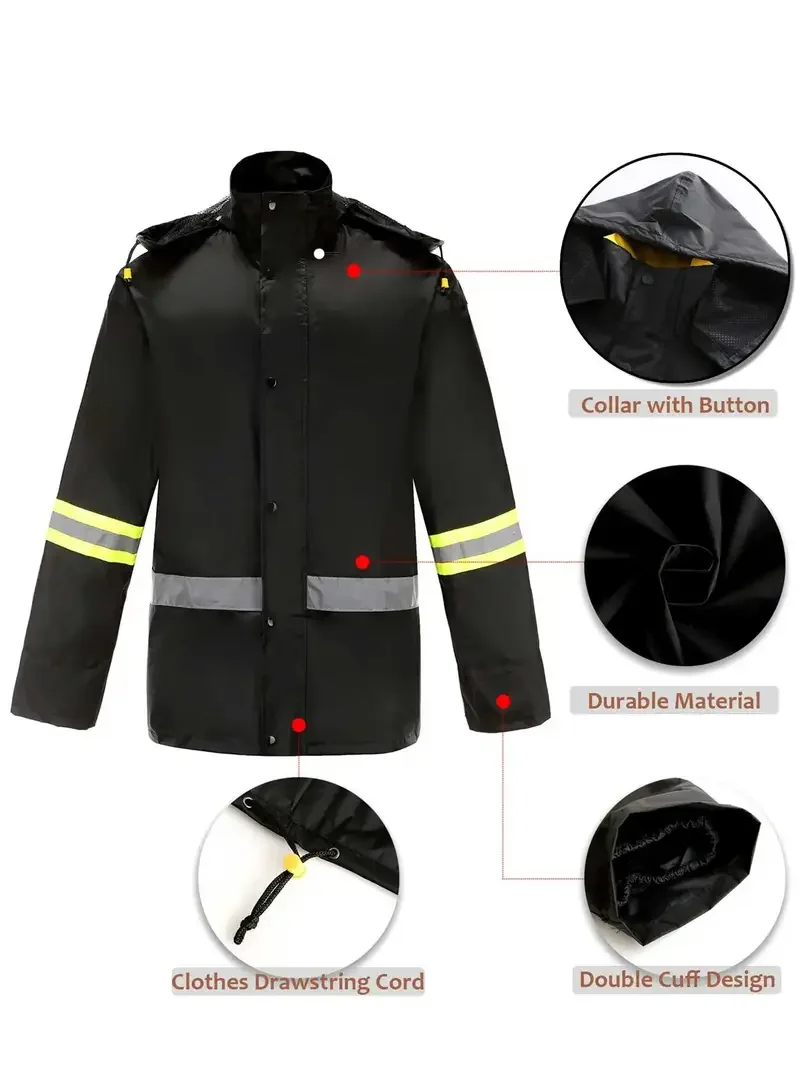 Men's Lightweight Waterproof Windbreaker Raincoat And Pants Set, Reflective Strips And Double Cuff Design