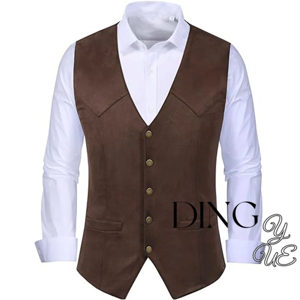 Men's Suede Leather Vest Vintage Cowboy Style Sleeveless Jacket Slim Fit Wedding Waistcoats