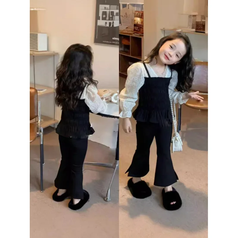 

Hnq-Girls' Suit Autumn Clothes New Suspender Doll Shirt Fake Two Pieces+Bell-Bottom Pants Tide Children One Piece Dropshipping