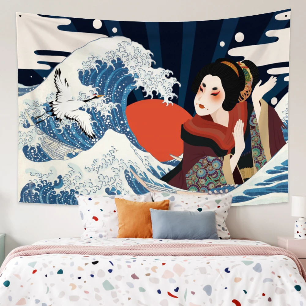 

Japanese Tapestry Kanagawa Wave Woman Ukiyo-e Hand Painted Illustration Kawaii Hippie Japan Wall Hanging Blanket Decor Tapestrie