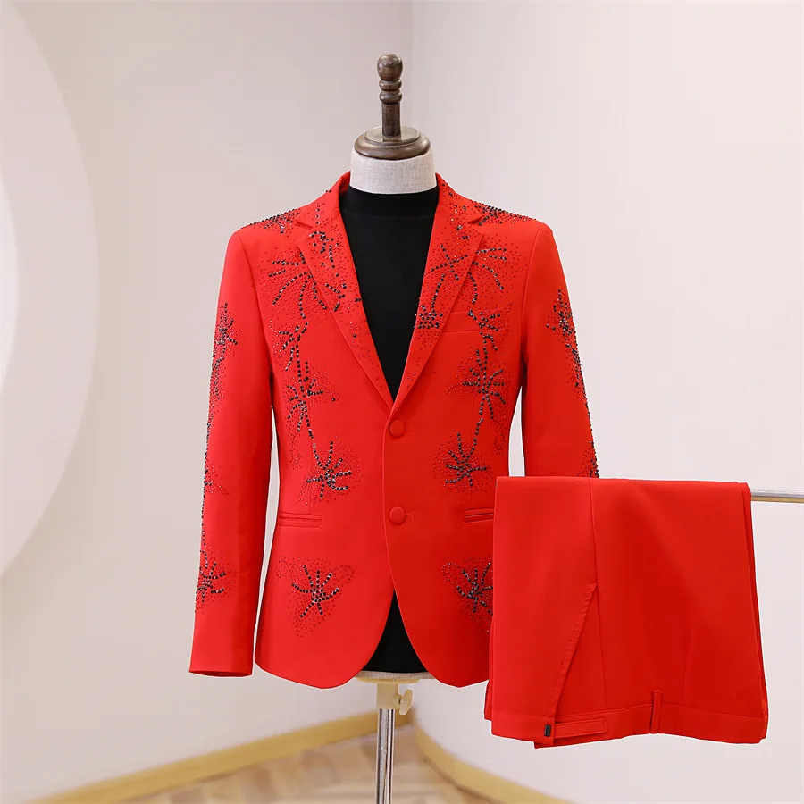 Men's Red Shining Rhinestones Suit Bar Concert Performance Shiny Blazer Pants Set Male Banquet Guest Host Stage Crystals Suits