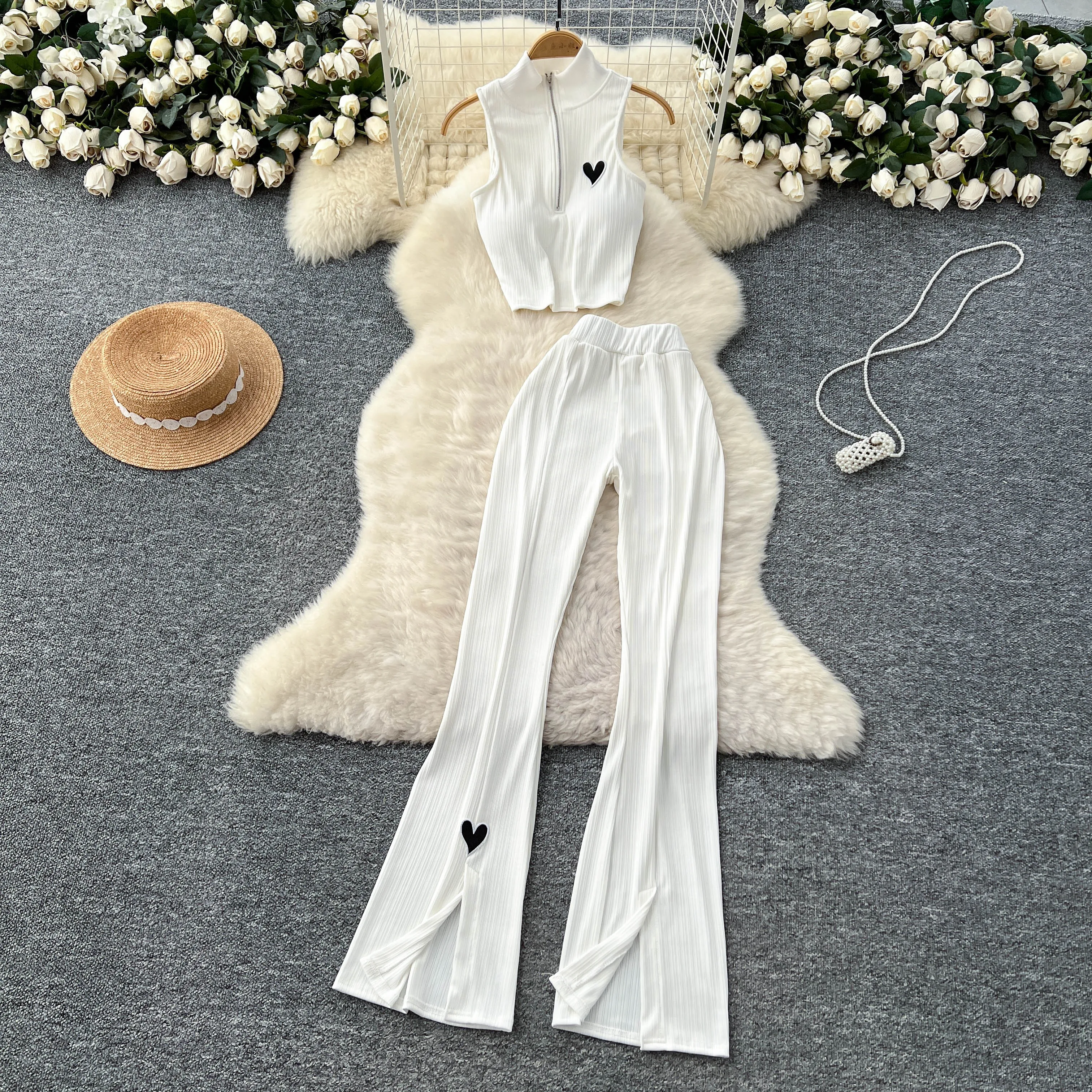 

Sexy Two Pieces Sets Chic Pleated Embroidered split Top with Fashion Hotsweet High Waist Wide Leg Pant Sets