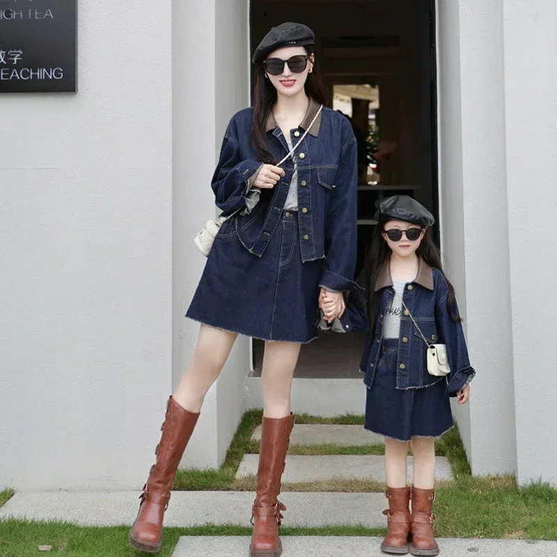 2024 Fashion Korean Mummy and Me Jacket Skirts Mom and Baby Girls Matching Denim Clothes Sets Mother Daughter Two Piece Outfits