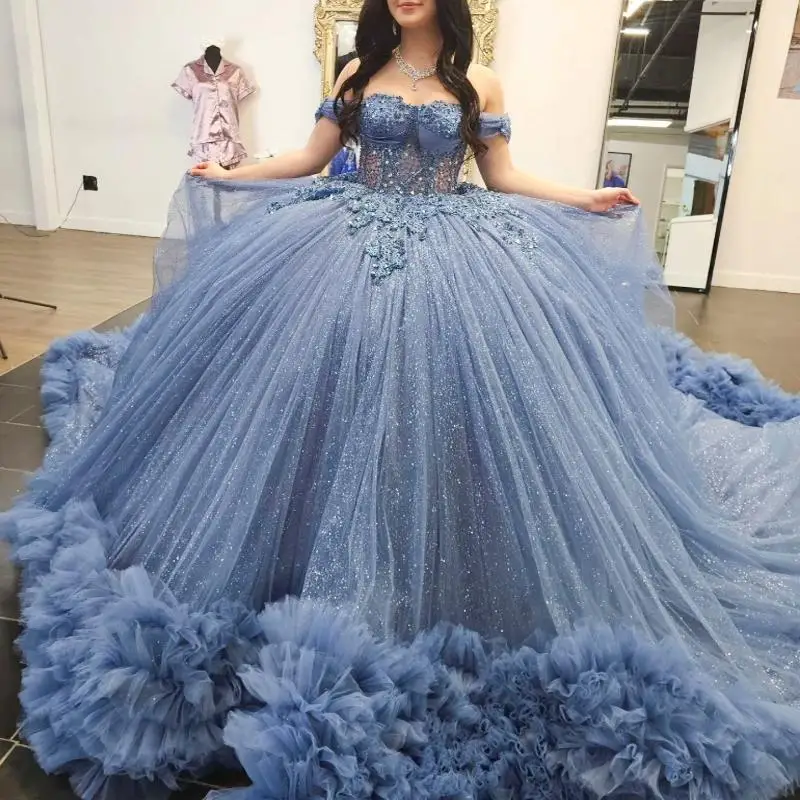 

Navy Blue Shiny Quinceanera Dresses Beading Lace Appliques Tiered Tull Vestidos De 15 Anos Formal Birthday Party Sweet 16
