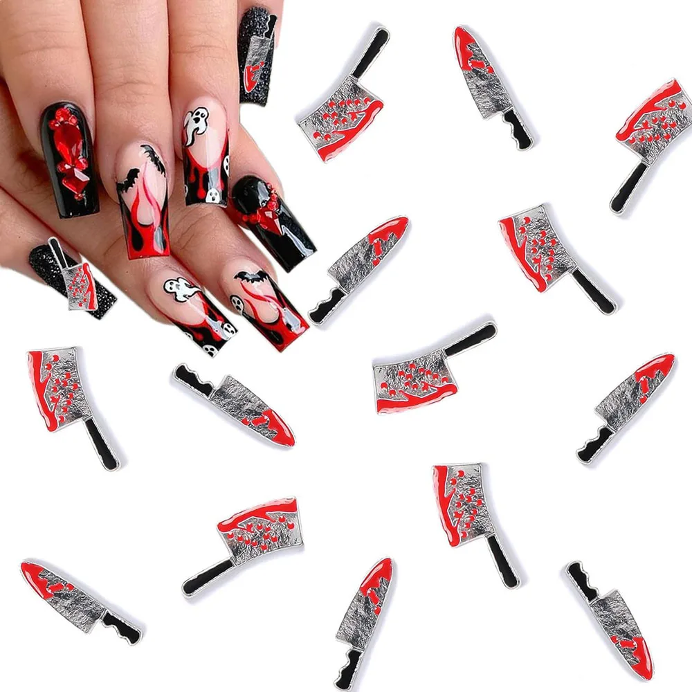 20pcs Halloween Blood Nail Charms Horror Silver Red Metal Knife Nail Gems 3D Metallic Bloody Knife Manicure Metallic Parts