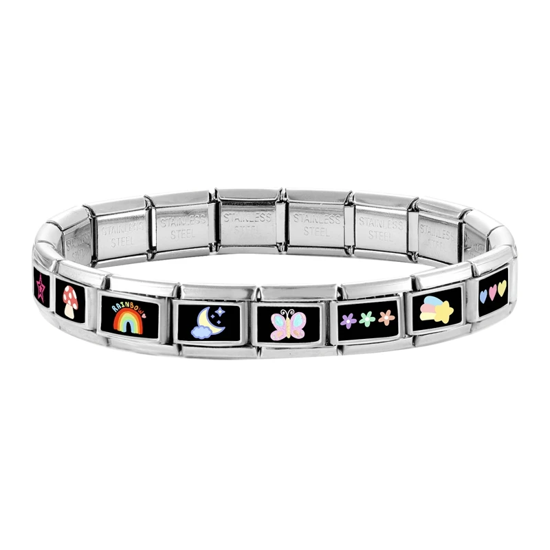 النساء الملونة الزهور القلب ستار مطاطا الإيطالية سحر الروابط صالح 9 مللي متر الفولاذ المقاوم للصدأ وحدات سوار DIY صنع المجوهرات