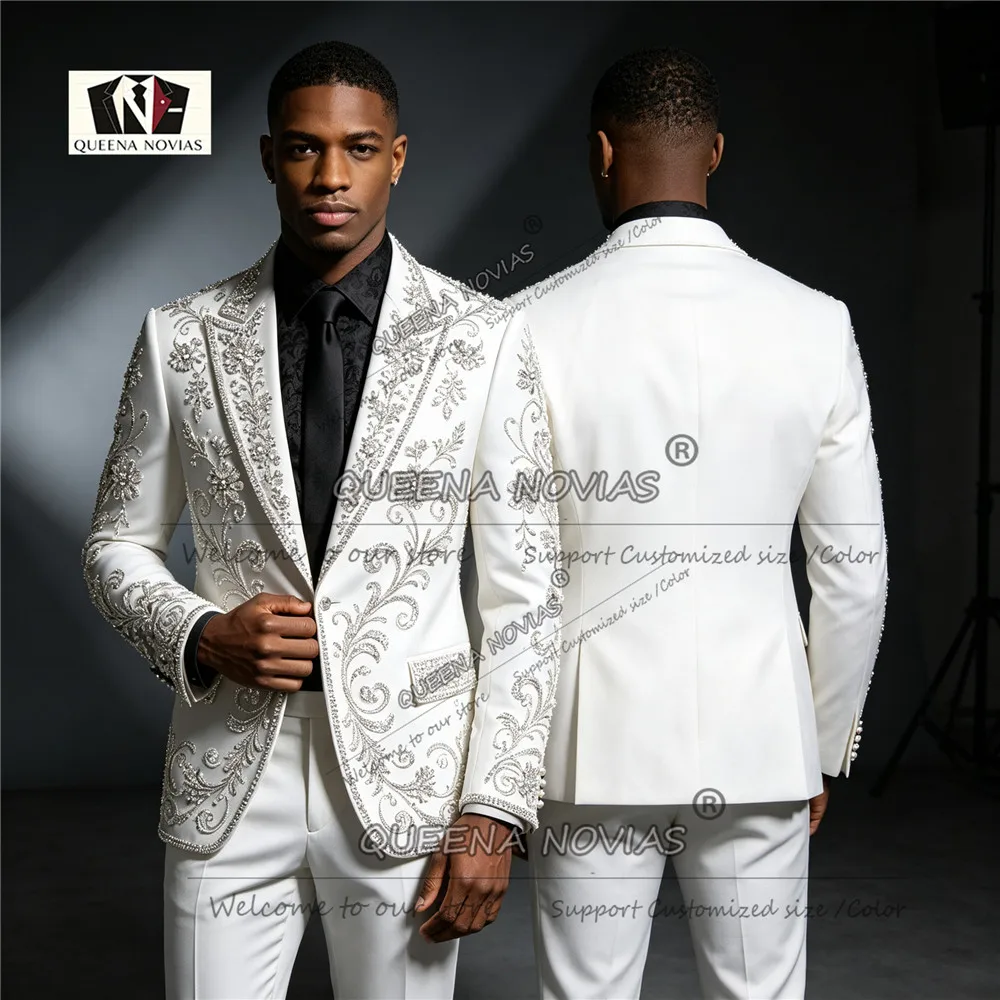 Sparkly Crystals Beading Wedding Suit For Man Single Breasted Jacket Pants 2 Piece Sets Pink Groom Prom Blazer Customized Attire