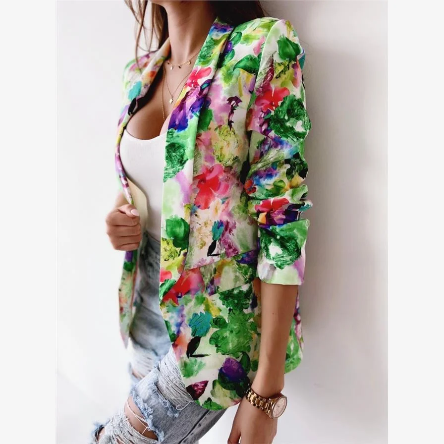 

Spring New Women's Thin Printed Long Sve Suit Jaet Small Wardrobe Polyester Commute Sle Plant Floral Pattern