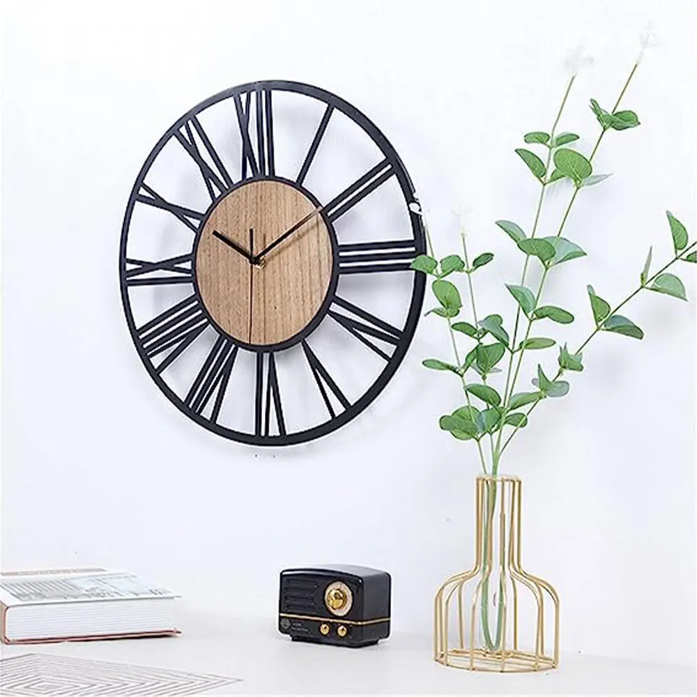 Metal Wood Decorative Wall Clock with Roman Numerals