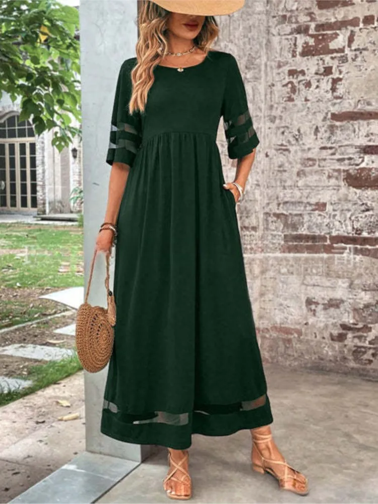 

Female Lace Splicing Half Sleeved Dress Spring Summer Fashion O-neck Casual Loose Dresses Ladies Elegance High Waist Vestidos