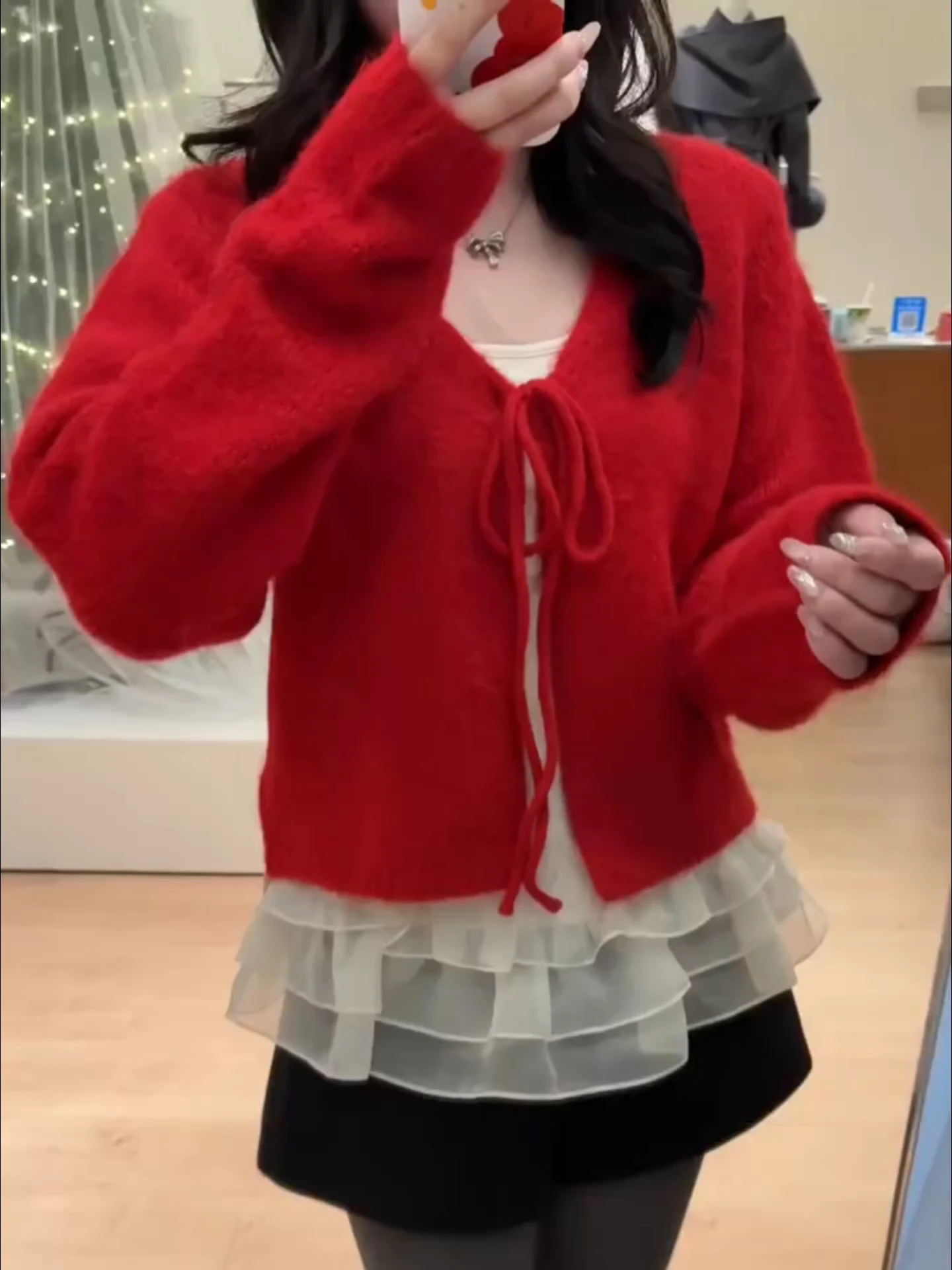 

Red V-ne Knitted Sweater Coat Women's Autumn Winter ort Sle Tied oulder Outerwear Comfortable Commute Faion