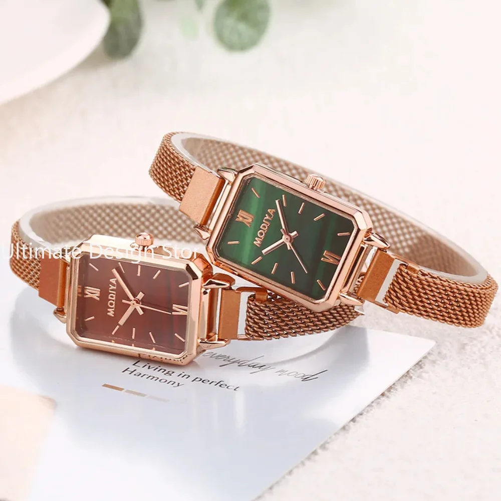 

Women Watches Fashion Square Ladies Quartz Watch Magnetic Strap Green Dial Simple Rose Gold Mesh Luxury Women Watches