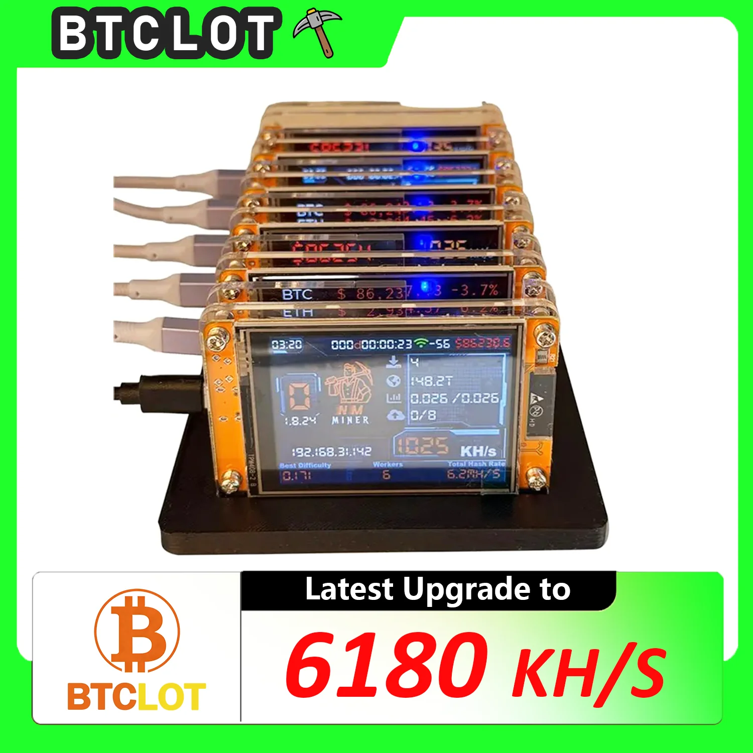 Upgraded-Bitcoin Crypto Solo Miner 6X100KH/S Nmminer Nerdminer+ 6 Slots Stand Upgraded Harshrate 2.8 Inch Smart Display Lottery