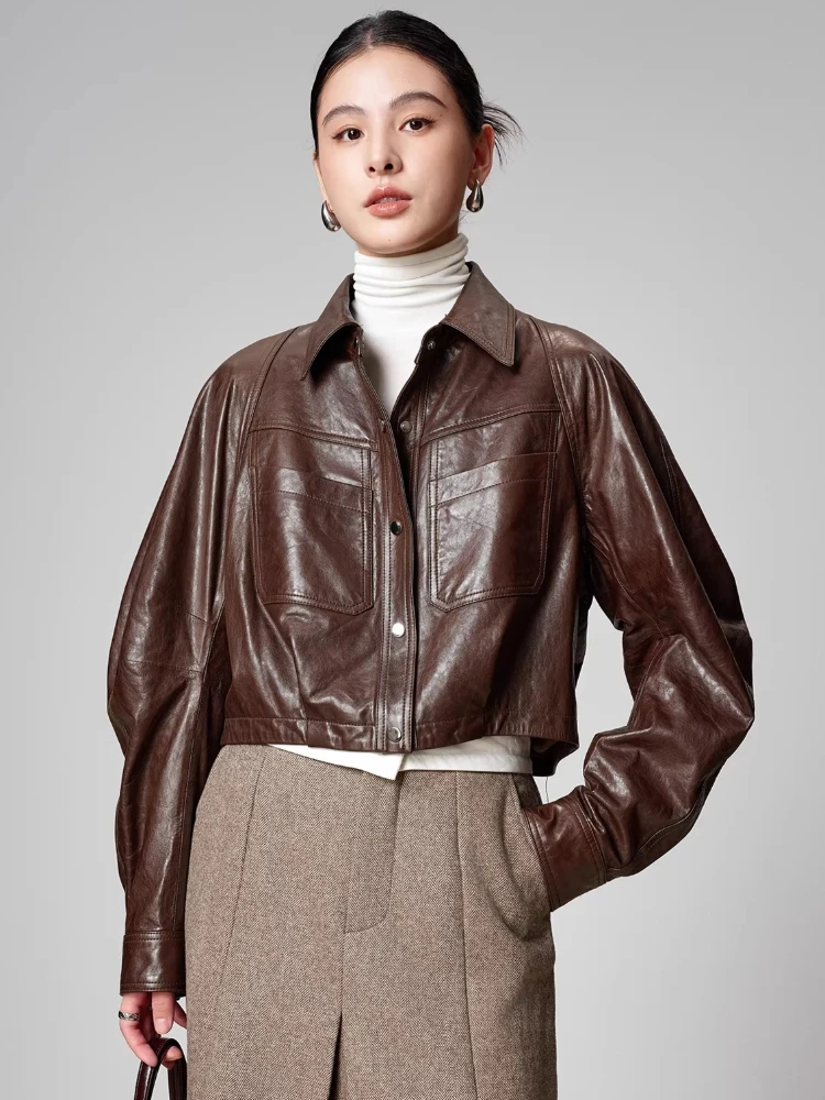

Casual Cropped Genuine Leather Jackets for Women Spring Autumn 2026 New High-end Simple Solid Soft Oil Wax Real Sheepskin Coat