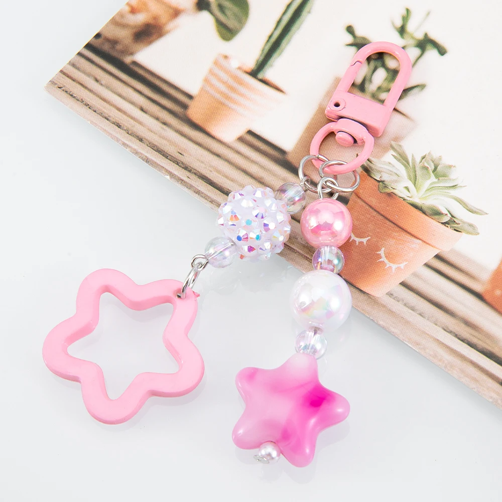 1pc 2pcs Hollow Star Charm Bag Phone Strap Pendant Colorful Acrylic Beads Keychain Accessories Cellphone Lanyard Keyring Jewelry