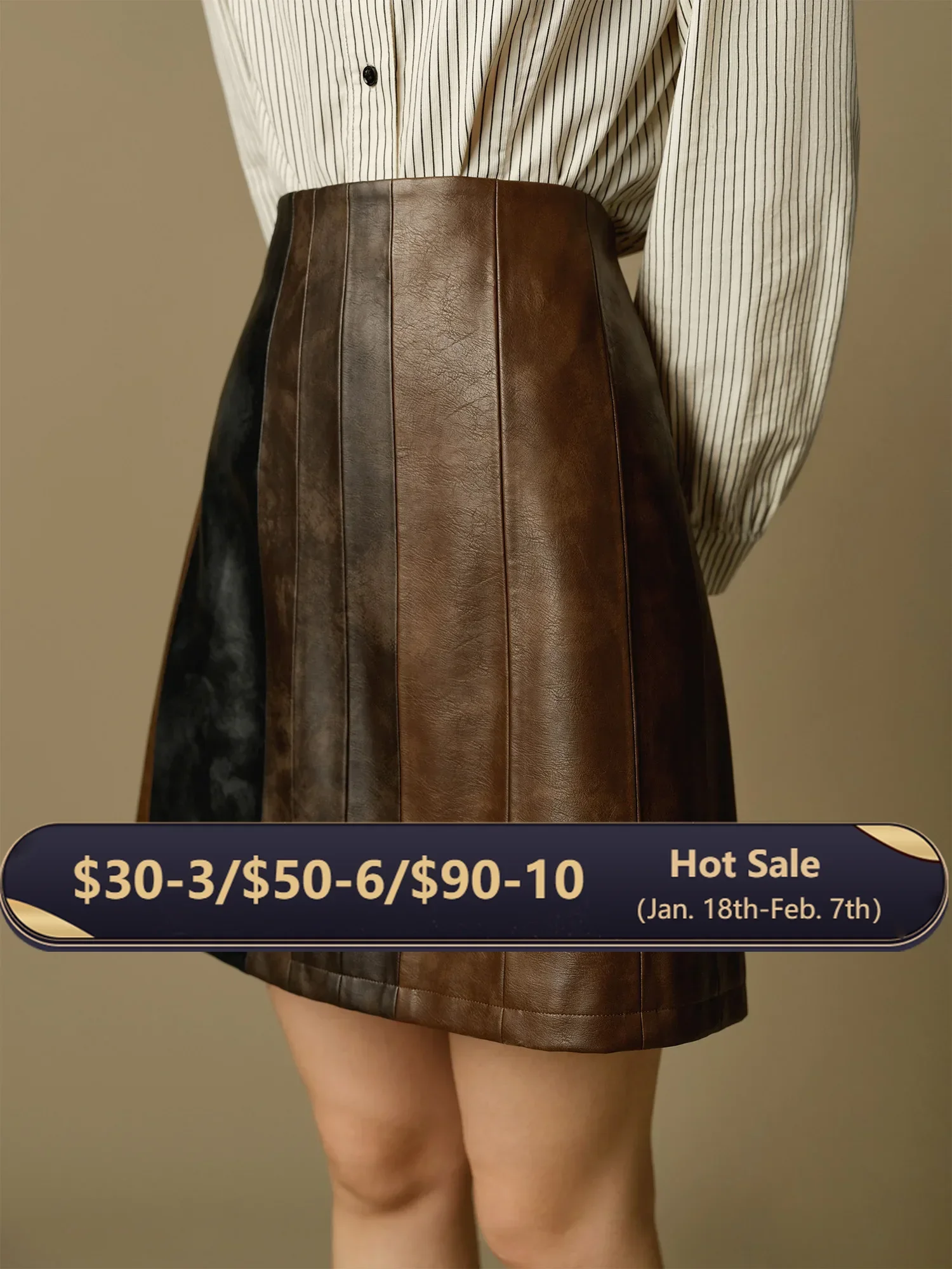 

DUSHU Women PU Leather Above-Knee Length Skirts Patchwork Design Female Winter Brown A-LINE Skirt Polyurethane Skirt 24DS84535