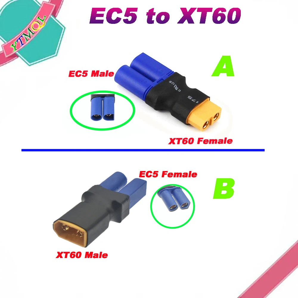 2-10Pcs XT60 to EC5  Female Male Connectors Banana Plug RC Lipo Battery Control Parts DIY Adapter