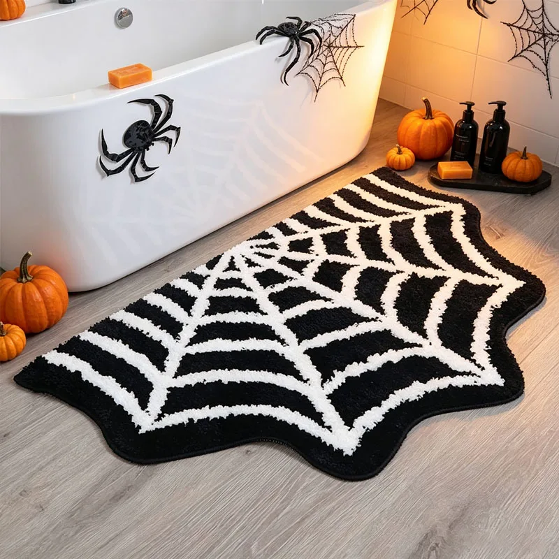 Halloween Spider Web Foot Mat Absorbent Non Slip Decorative Rug for Bathroom Living Room Porch Bedroom Door Indoor Outdoor Fun