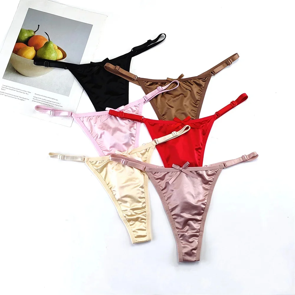 3ks/sada lesklých saténových růžových tanga s nízkým pasem, dámské hladké hedvábné tangá, sexy, plus size kalhotky - náhled 2