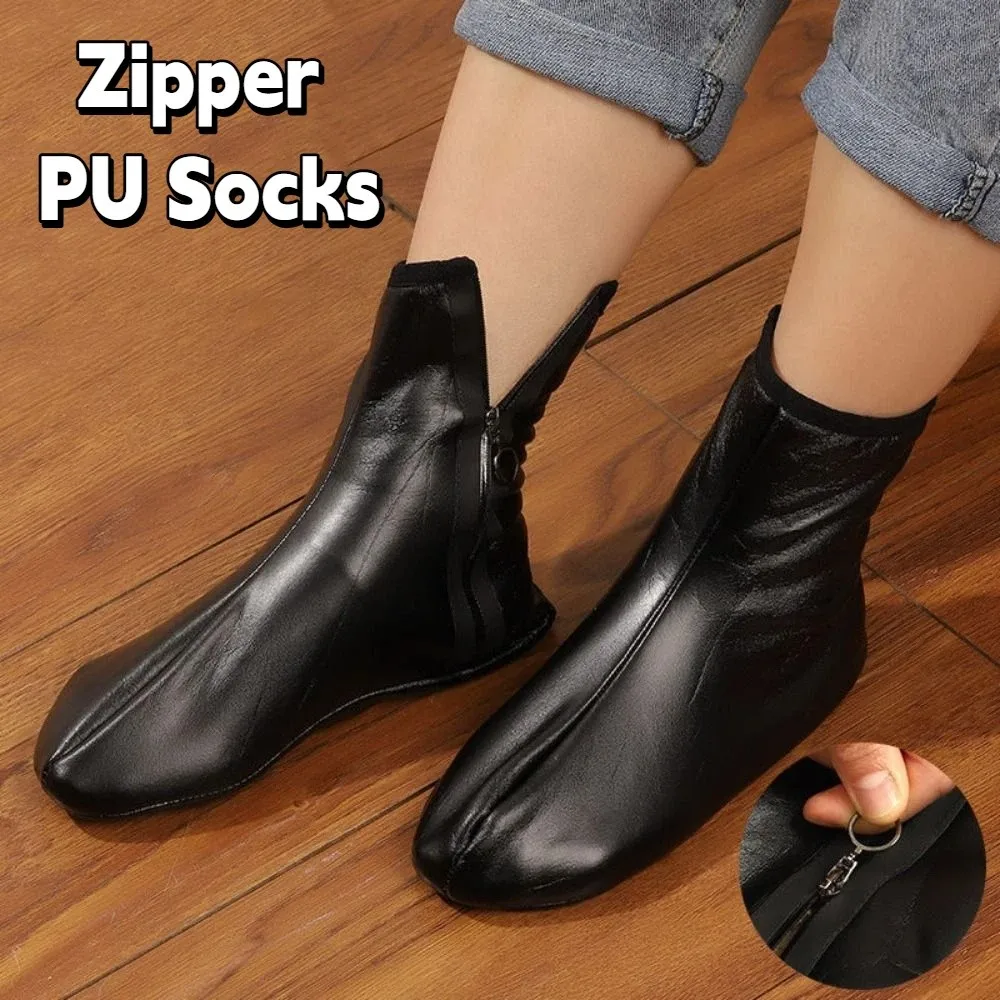 

Fashion Anti-slip Zipper PU Foot Warmers Thicken Windproof Winter PU Floor Socks Soft Solid Color Thick Mid-calf Socks Women Men