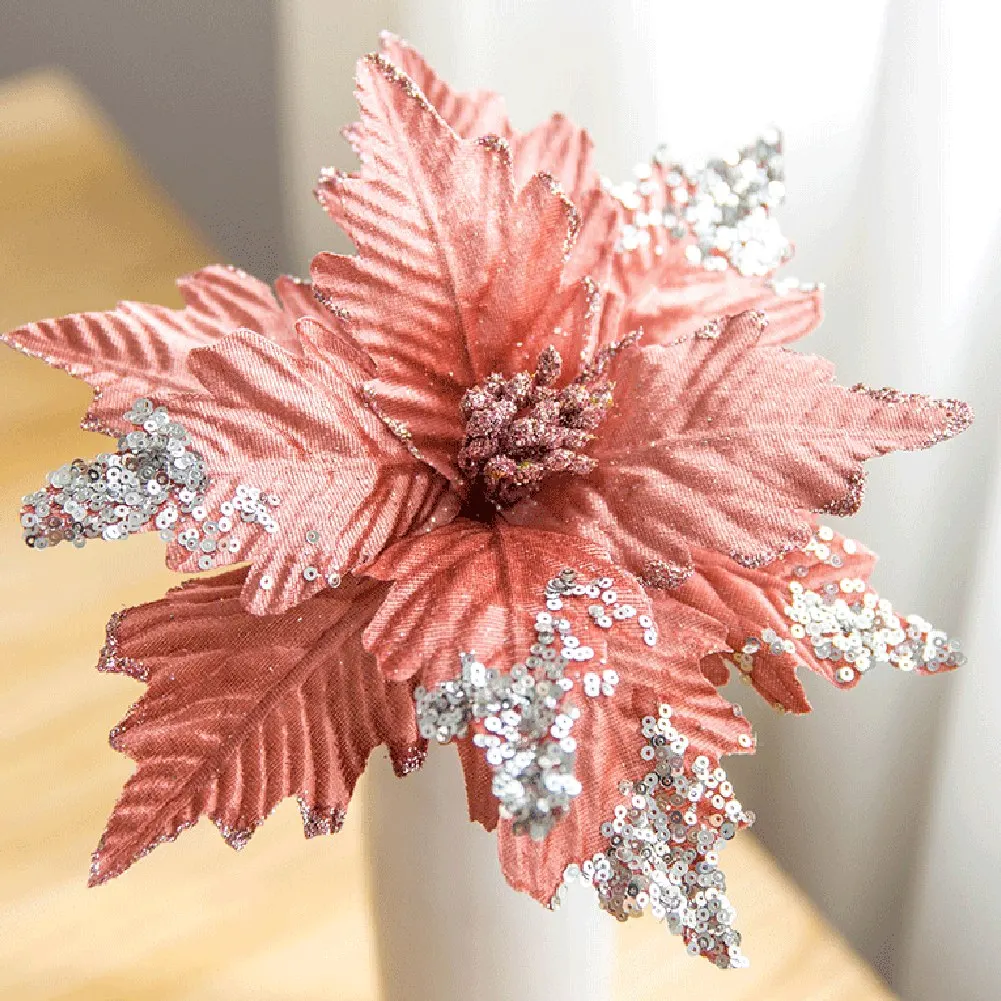 25cm Glitter Sequines Christmas Flower Artificial Flower For Christmas Tree Decoration Xmas Fake Flower 2024 New Year Home Decor