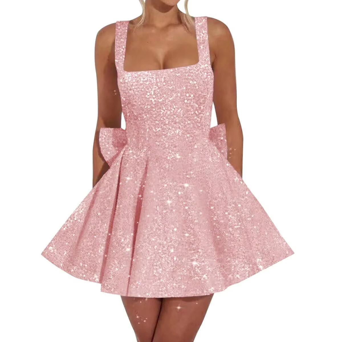 

Pink Bow Homecoming Dresses Short Square Neck Cocktail Dresses Sequin Sparkly Mini Prom Party Dress for Teens