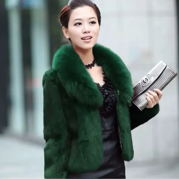 Faux Fur Coat Women Black 4XL  Short Jacket 2023 New Winter Fashion Mom Rabbit Fur Slim Green Fox Fur Collar  fluffy jacket