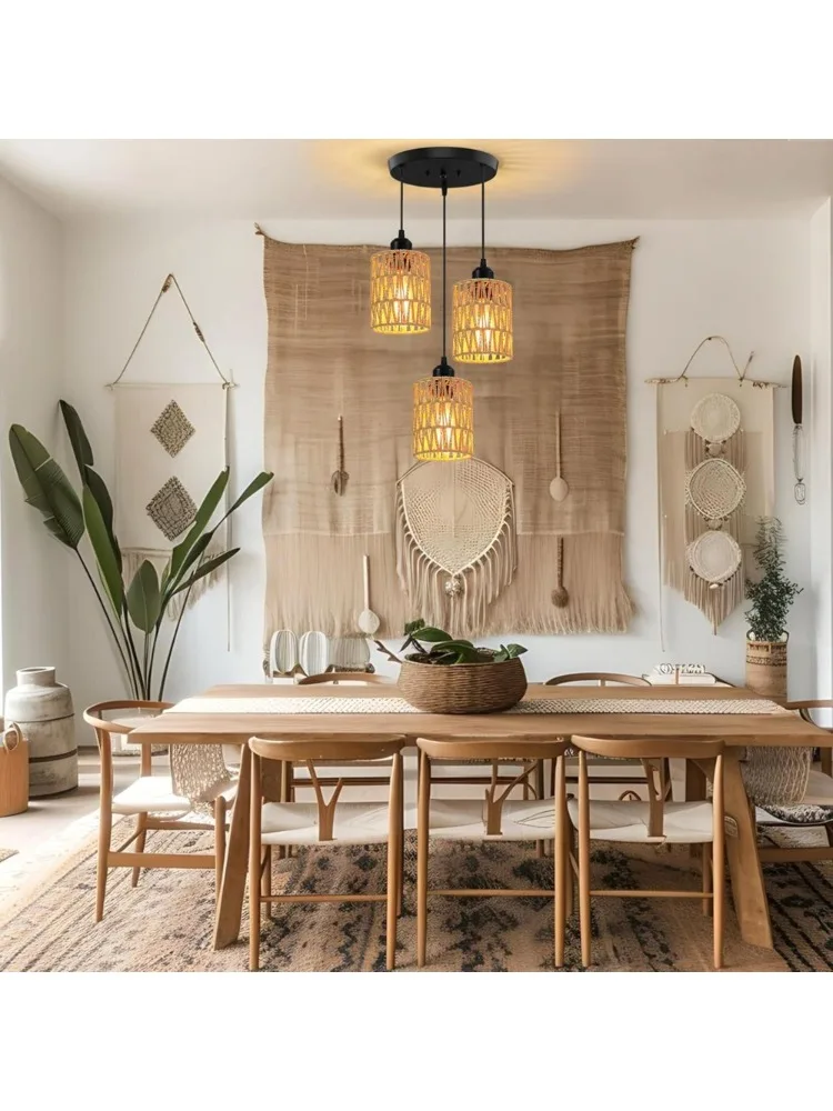 3-lichts rotan hanglamp boerderij Boho hanglamp met rieten tinten voor eetkamer, keukeneiland, slaapkamer - afbeelding 2