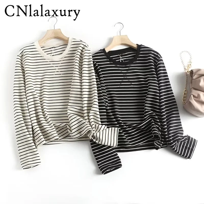 CNlalaxury  Woman Spring Autumn Casual Striped T-shirt Round Neck Simple Pullover Long Sleeve O-neck T-shirts Commuter Basic Top