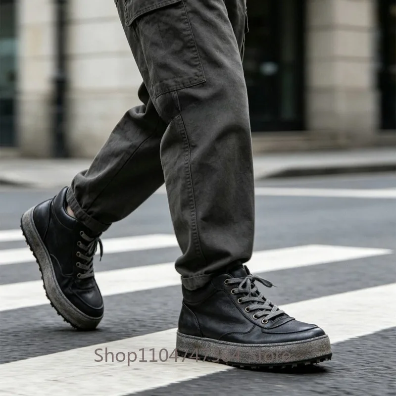 New Retro European American Trendy Casual Board Shoes Men Middle Top Casual Genuine Leather Thick Sole Sport Shoes Male Youth