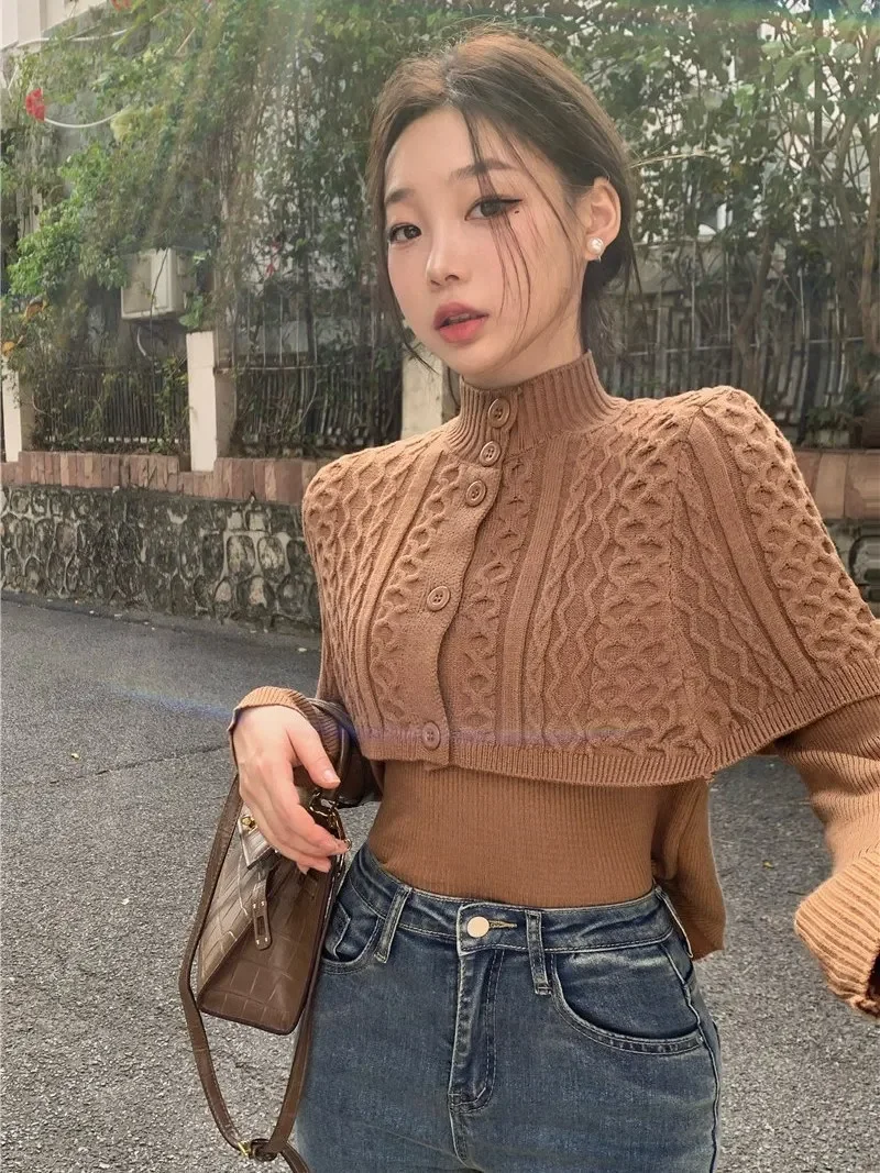 Set 2 Potong Kardigan Turtleneck Pulover Lengan Panjang Wanita Pakaian Musim Gugur Solid Elegan Pakaian Rajut Fashion Korea Wanita Minimalis