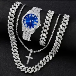 3/4PCS Hip Hop Iced Out Men's Watch Jewelry Set Luxury Rhinestone Quartz Wristwatch Cuban Link Chain Accessories(Without Box)