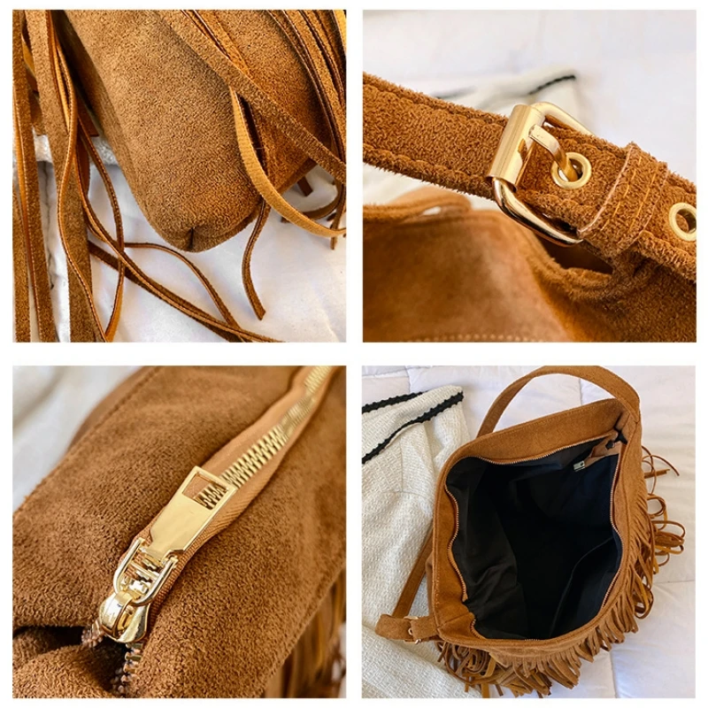 Sac à bandoulière en daim et cuir PU pour femmes, sac à bandoulière à franges, grande capacité, sac à main de voyage pour femmes