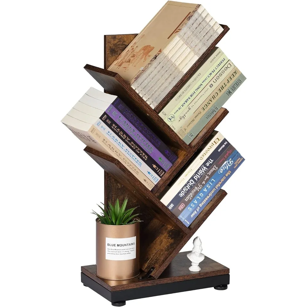 4-Shelf Tree Bookshelf, 24.1-Inch Retro Floor Standing Bookcase Display for CDs/Magazine/Books, Small ,Brown Storage Shelves